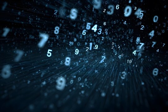 A dark background with data numbers floating in the air, a dark blue and white color scheme, a data visualization style, - Powered by Adobe