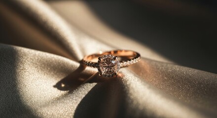 Obraz premium A delicate gold ring with a center diamond rests on a draped, light beige satin fabric, bathed in warm sunlight