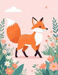 A whimsical illustration of a fox walking among colorful flowers against a soft pink background, embodying a playful and cheerful vibe.