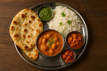 Indian Thali dengan Nasi, Naan, dan Kari Ayam