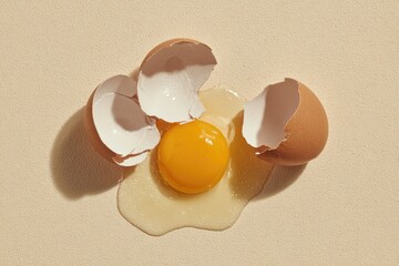 Broken egg yolk and shell on beige background
