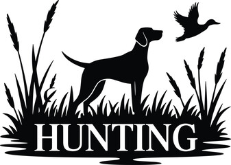 Hunting dog pointing at flying duck, black and white silhouette logo, outdoor bird hunting design, grass field, nature scene, emblem