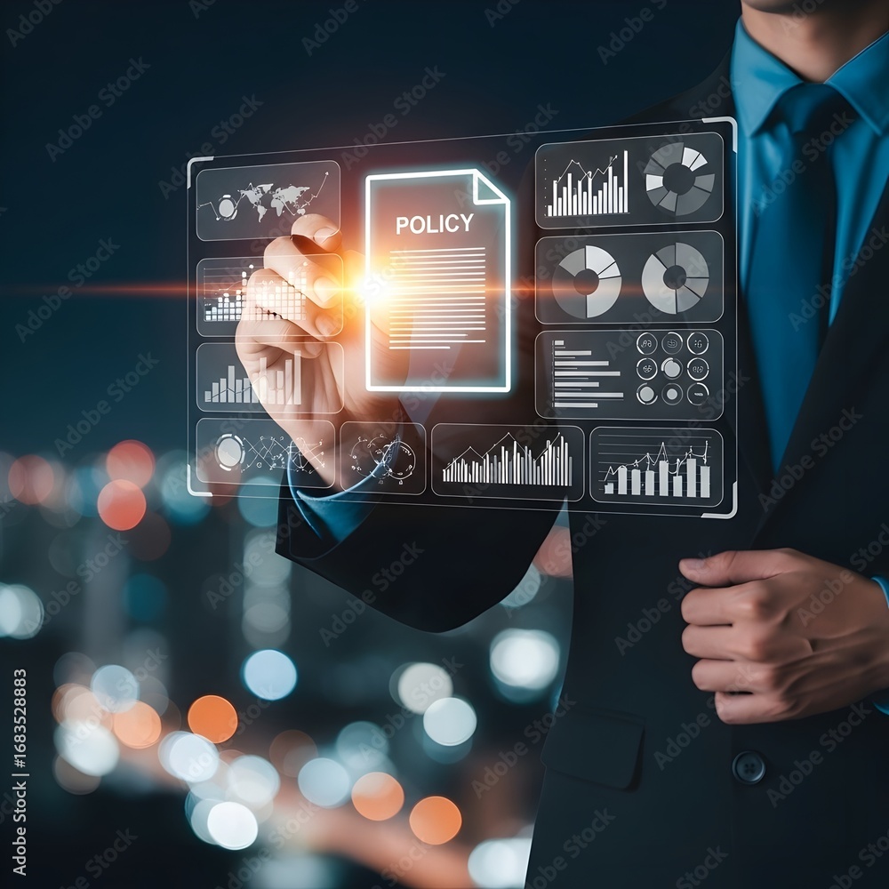 Poster professional in suit accessing policy document with data analysis charts, modern business concept