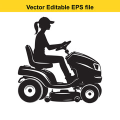 Silhouette of a woman driving a riding lawn mower isolated on white background