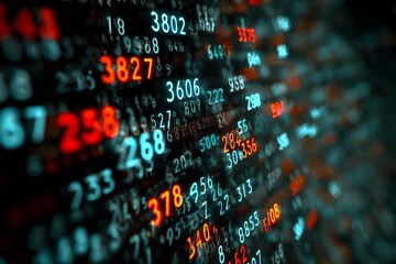 A dark background with data numbers floating in the air, a dark blue and white color scheme, a data visualization style,