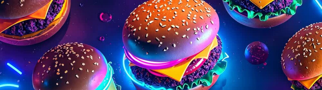 Many cheeseburgers with glowing neon buns and purple meat patties are floating in vibrant neon space.