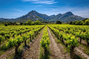 Lush vineyard rows stretch towards a backdrop of mountains under a vibrant blue sky