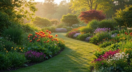 Obraz premium A sun-drenched garden path winds through vibrant flowerbeds bursting with spring blossoms, showcasing a harmonious blend of colors and textures.