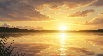 Fototapeta premium A serene sunrise paints the tranquil lake with warm golden hues, creating a peaceful and captivating landscape.