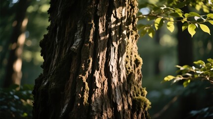 Obraz premium Close-up of a tree trunk with moss and sunlight