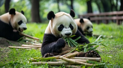 Fototapeta premium Panda feeding frenzy in nature's serenity wildlife photography lush green environment close-up view captivating animal behavior