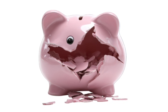 A broken piggy bank, symbolizing lost savings