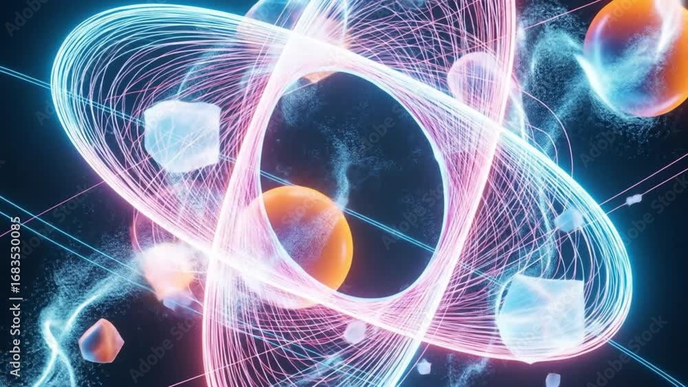 Poster abstract atomic structure with glowing energy and particles. futuristic molecular physics and quantu