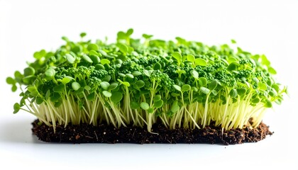 a Fresh broccoli microgreens sprouts on white background. Green sprouts growing