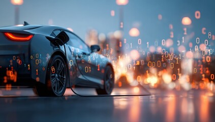 Futuristic electric car charging in a city at night