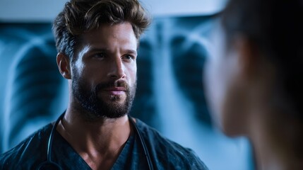 A serious male medical professional wearing scrubs and a stethoscope looking intently while discussing patient x ray results in a clinic