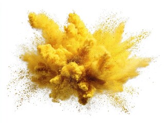 Explosive burst of vibrant yellow powder against a white background. A dynamic, radiating cloud of golden-yellow particles explodes outward, creating a textured, ethereal effect