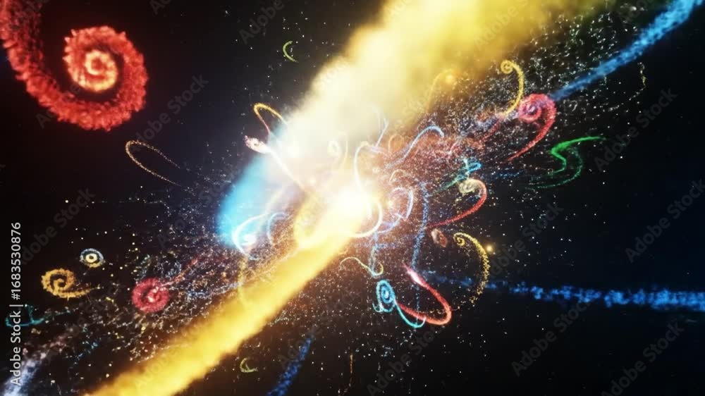 Poster dynamic abstract particle flow with vibrant colors and swirling light energy in dark space backgroun