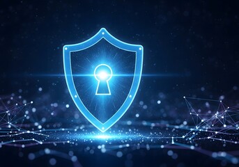 Glowing blue digital shield with keyhole symbol represents cybersecurity and data protection in a futuristic network