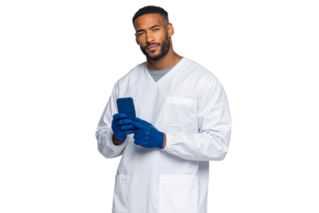 Confident medical professional or surgeon in a lab coat and gloves, holding a smartphone, ready for digital health and communication