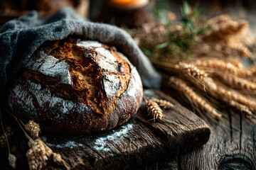 Obraz premium A loaf of sourdough bread on a rustic wooden surface, partially covered with a dark gray cloth, accompanied by wheat stalks and other grains.