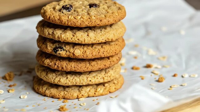 A stack of delicious oatmeal cookies on a rustic surface.