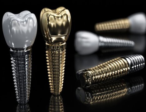 Close-up of dental implants, one gold, one white, on dark background
