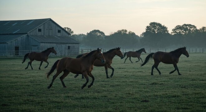 A field of brown horses galloping towards a gray barn at dawn - Powered by Adobe