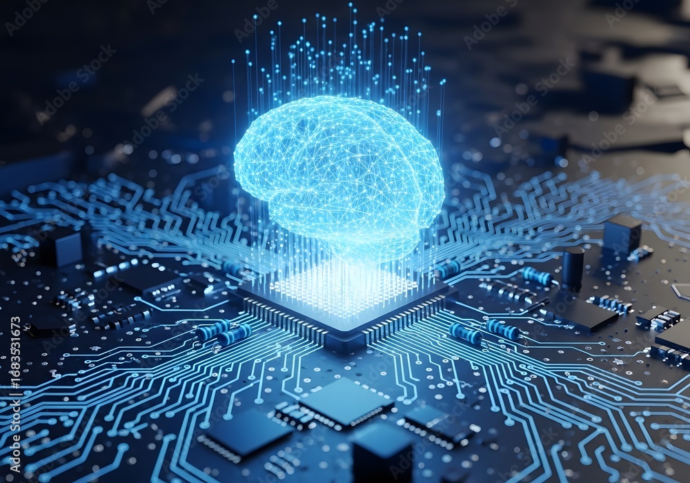 Poster illuminated blue digital brain emerges from futuristic circuit board symbolizing artificial intellig