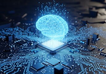 Illuminated blue digital brain emerges from futuristic circuit board symbolizing artificial intelligence and innovation