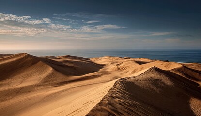 Expansive desert dunes meet the ocean horizon at dawn