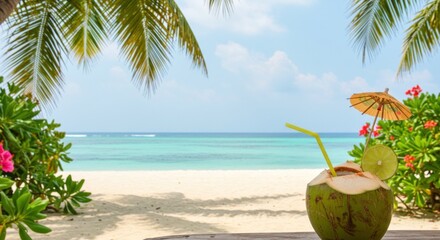 Tropical beach scene featuring a coconut drink, sandy shore, ocean view, palm fronds framing the top, flowers, and a sunny sky