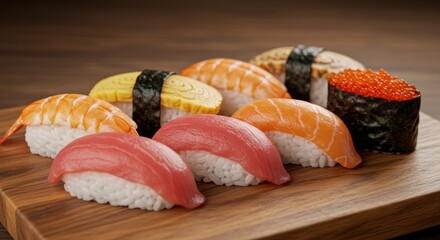 A wooden board displays a variety of fresh nigiri sushi, showcasing toppings of fish, shrimp, eggs, and roe over vinegared rice