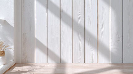 Fototapeta premium White wooden slat wall with vertical lines and natural light shadows creates modern minimalist interior background with soft texture and warm atmosphere