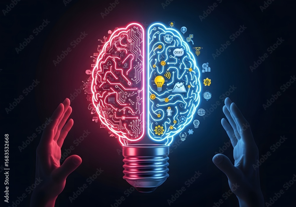 Poster illuminated brain lightbulb symbolizing innovation and artificial intelligence with robotic hands