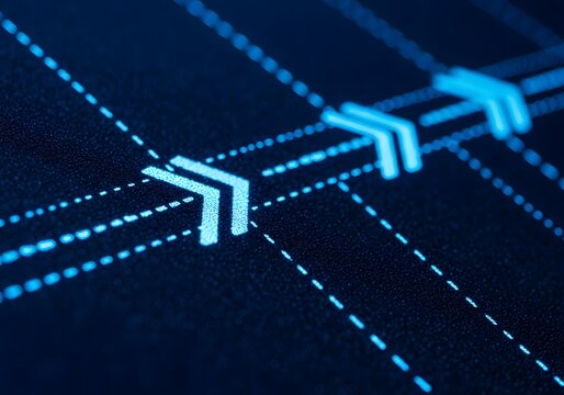 Abstract digital network with glowing blue arrows and connecting lines representing data flow and connectivity