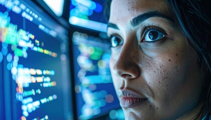 Focused female programmer works on code in a tech-driven environment.