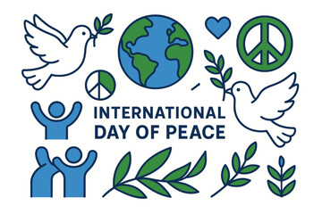 International Day of Peace Flat Vector Illustration with Dove and Symbols