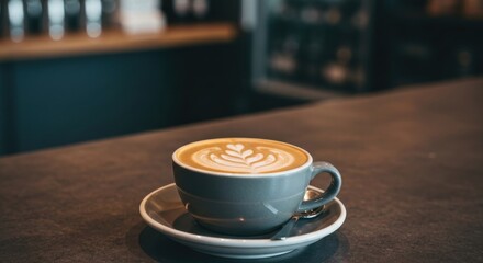 Fototapeta premium A grey coffee cup with latte art sits on a countertop, blurred cafe background