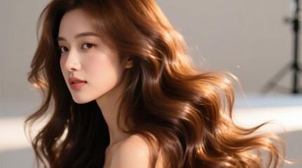 Close-up of a woman with long, wavy, brown hair.  Light and soft lighting highlights her features