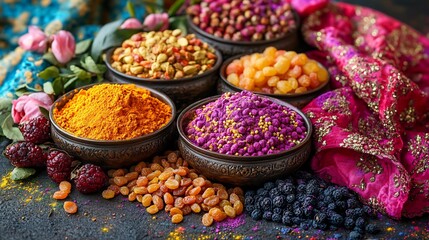 Holi themed dry fruit spread with colorful powders festive sweets and vibrant cloths symbolizing happiness and unity for the festival of colors