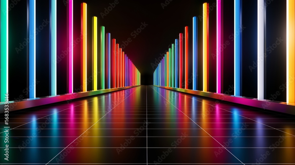 Poster long hallway with neon lights in a rainbow of colors. the lights are arranged in a way that they are