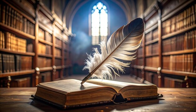Quill Pen on Open Book in Library Setting - Powered by Adobe