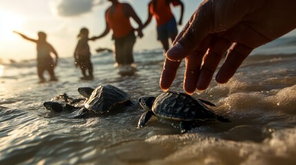 Helping sea turtles reach their home beachside conservation event family activity natural environment sunset view wildlife protection