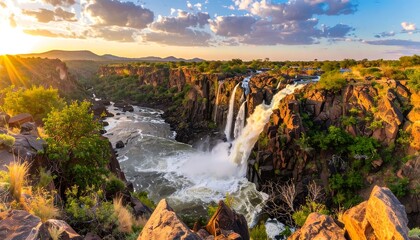 Dramatic waterfall cascading down rugged cliffs at sunrise, showcasing a vibrant landscape of rock formations, lush vegetation, and a powerful river flow.