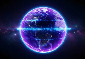 Futuristic neon glow earth with digital glitch effect and galactic backdrop