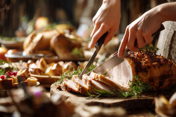 Close-up of hands carving roasted turkey at the family Thanksgiving dinner