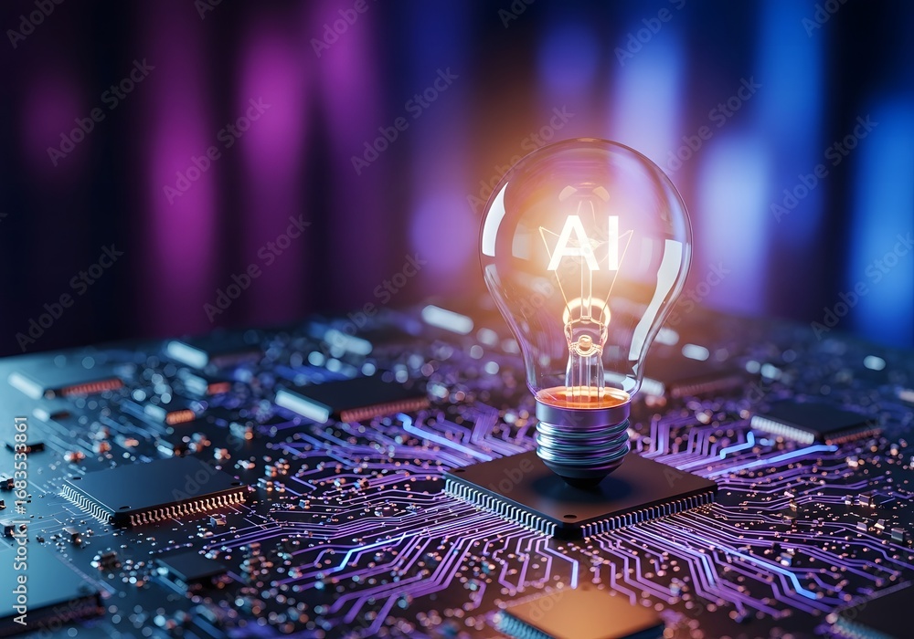 Poster illuminated light bulb symbolizing innovation and bright ideas resting on a complex circuit board wi