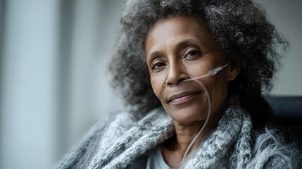 Portrait of a senior African American woman with an oxygen tube looking calmly at the while receiving medical care
