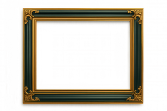 Classic ornate frame featuring a green and gold design, perfect for showcasing artwork or photos with its transparent background